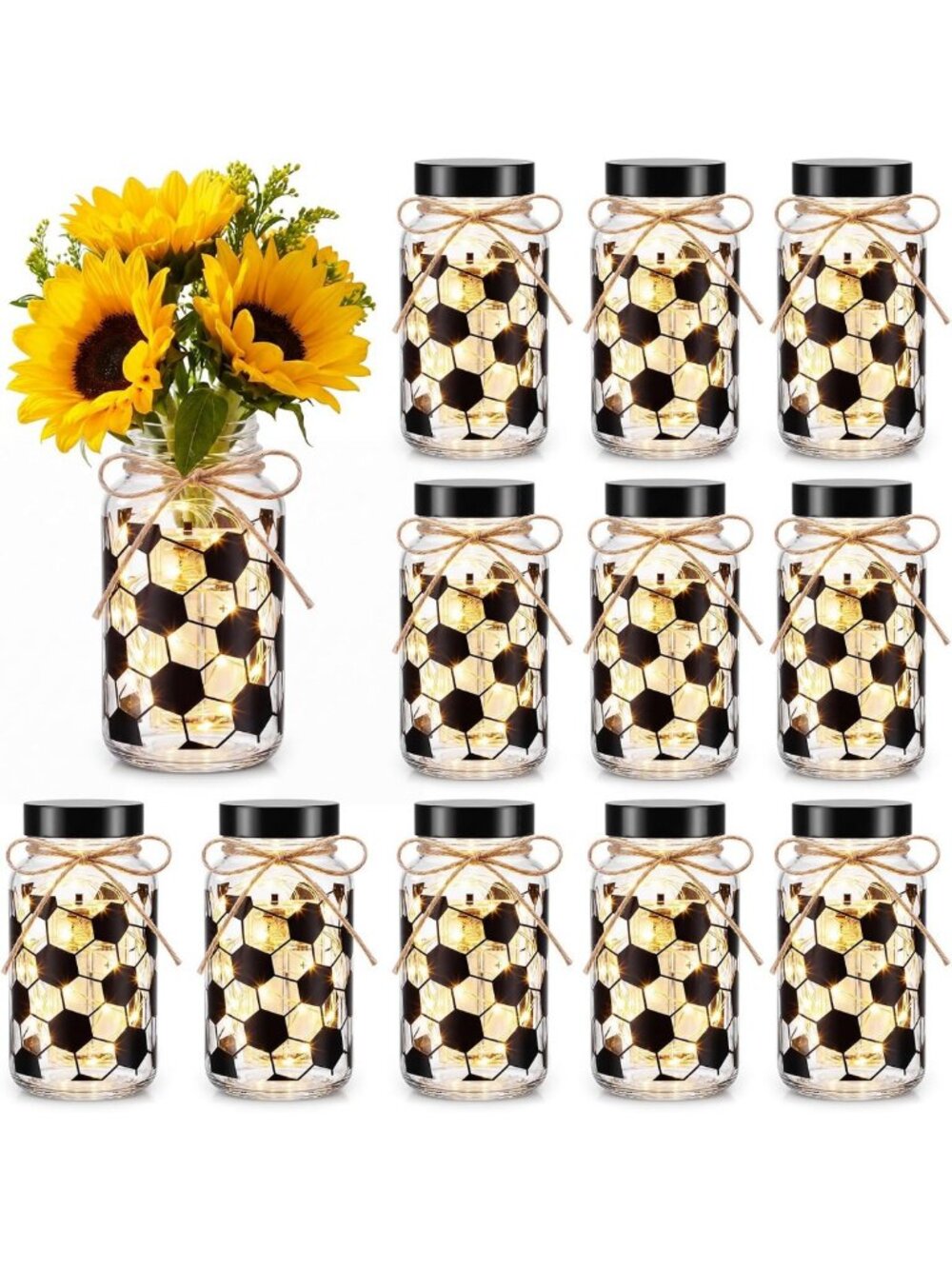 12 Soccer Centerpieces with LED Lights - Mason Jar Vases for Sports Party Decor